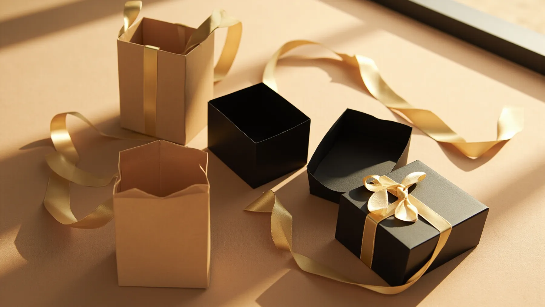 A black and gold gift box with ribbon
