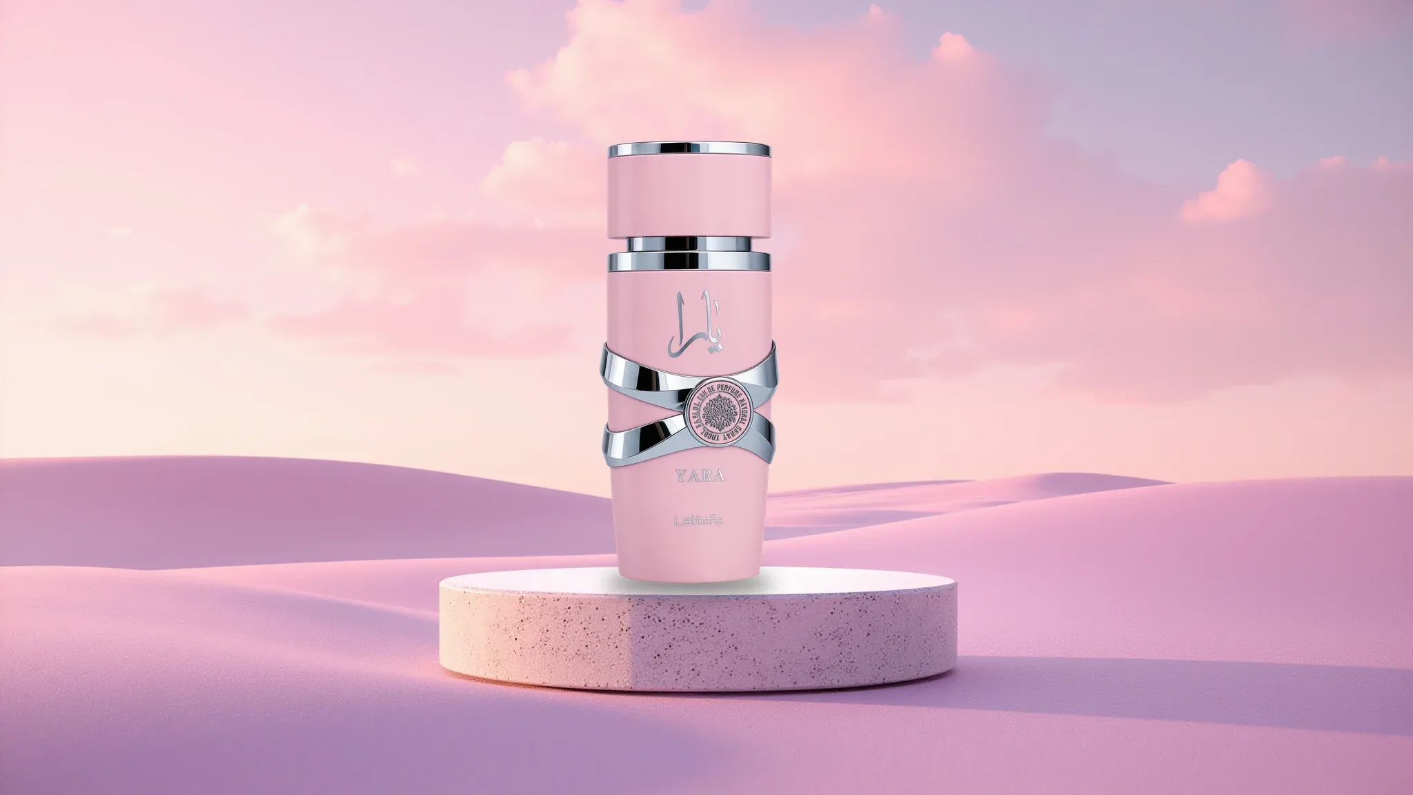 Pink Yara perfume on a blush-coloured display
